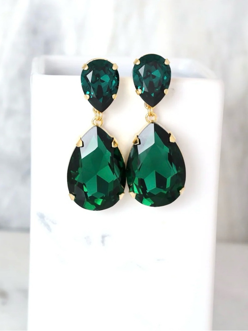 Gold Plated Emerald Green Crystal Statement Earrings. New.